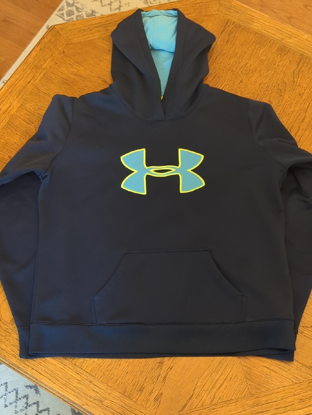 Under Armour Storm Navy Hoodie with Aqua Logo And Hood